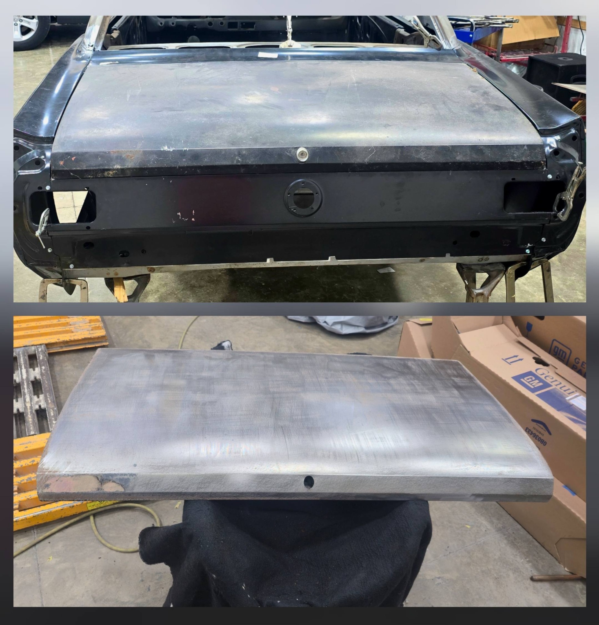 Car trunk lid paint stripping - before and after
